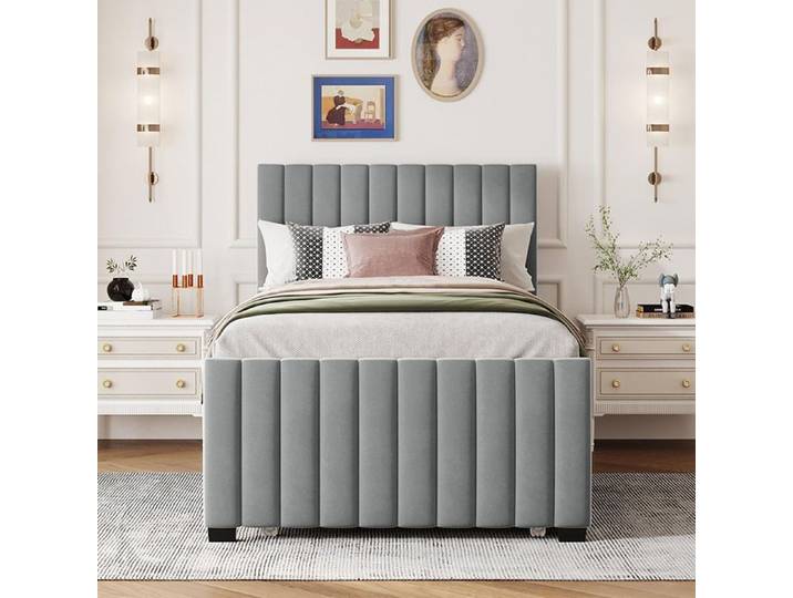 Lit rembourré 90x190 cm avec lit gigogne plat Lit d'enfant Lit d'adolescent - SWEIKO - Velours Gris