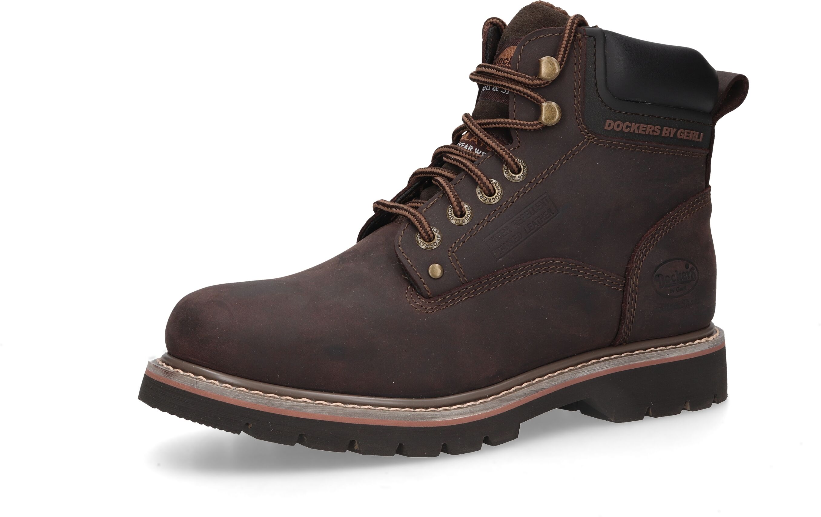 Winterboots DOCKERS BY GERLI, Herren, Gr. 44, Warmfutter, braun (dunkelbraun), Leder, Schuhe Winterboots, Schnürboots, Workerboots im Bergsteiger-Look