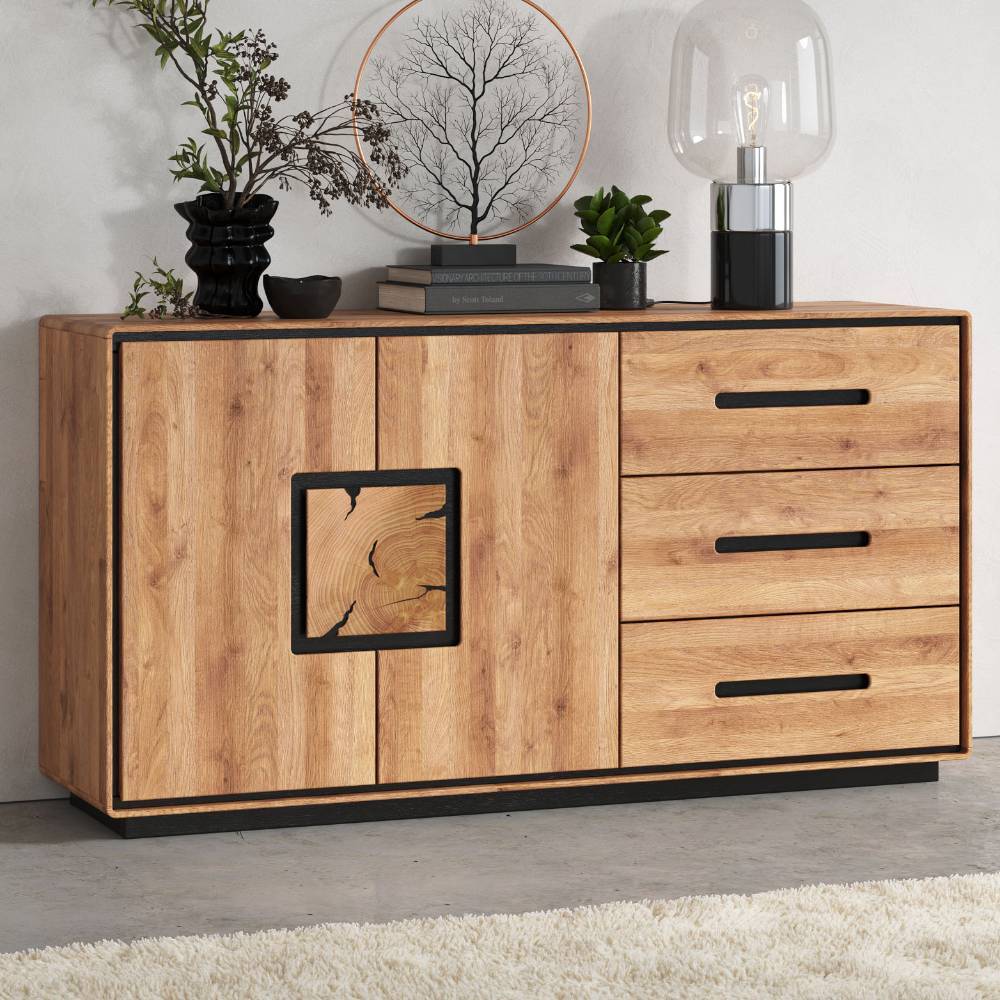 Pharao24.de Sideboard Wohnzimmerkommode in Wildeichefarben mit drei Schubladen