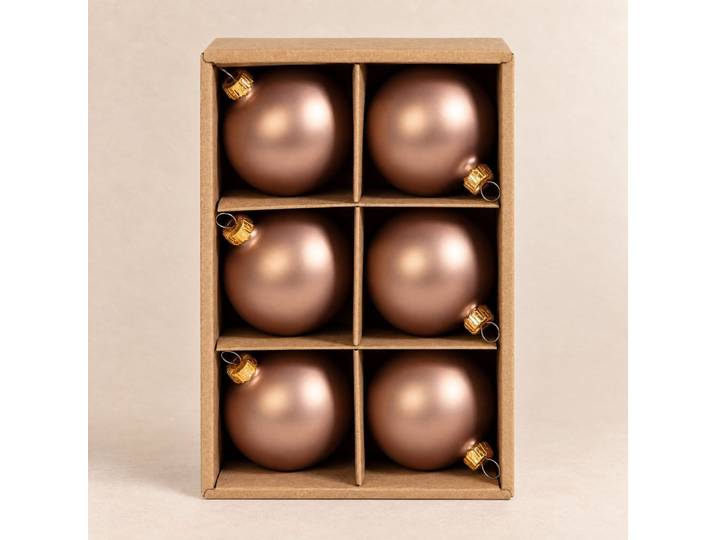 Schachtel mit 6 braunen Weihnachtskugeln aus Glas