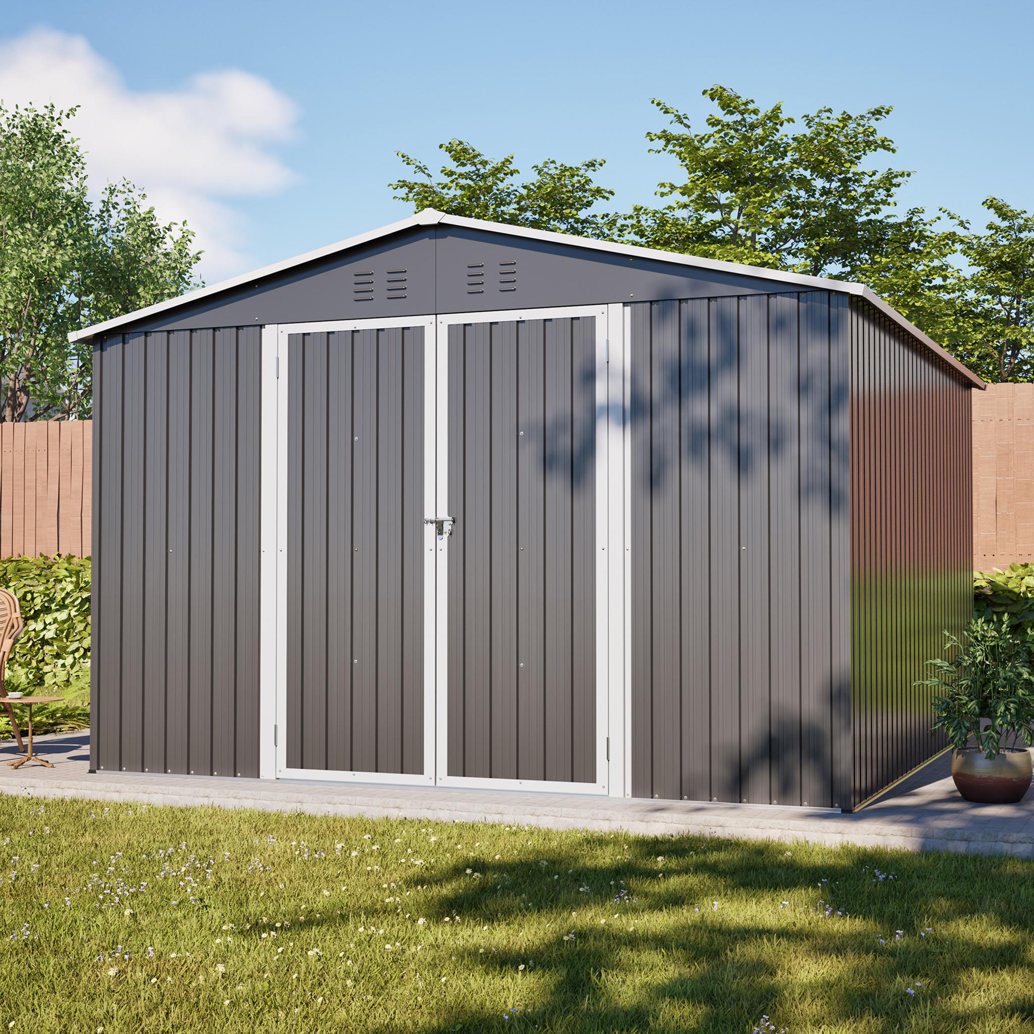 Metall Gartenschuppen 3x3m mit Bodenrahmen, stabiler Stahlschuppen, abschließbare Türen, Grau