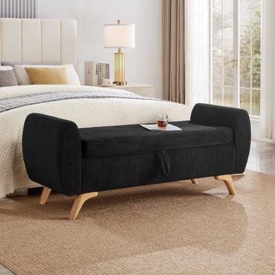 Modern Corduroy Upholstered Storage Bench with Curved Armrests and Solid Wood Legs by GDFStudio
