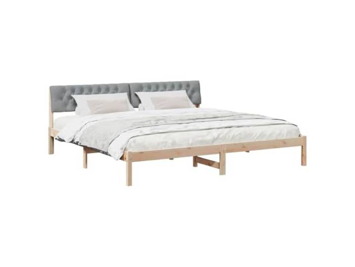 KTHLBRH Bettgestell aus Massivholz, Kiefer, Braun und Grau Gepolstertes Kopfteil, modernes Design, 200 kg Tragkraft, pflegeleicht