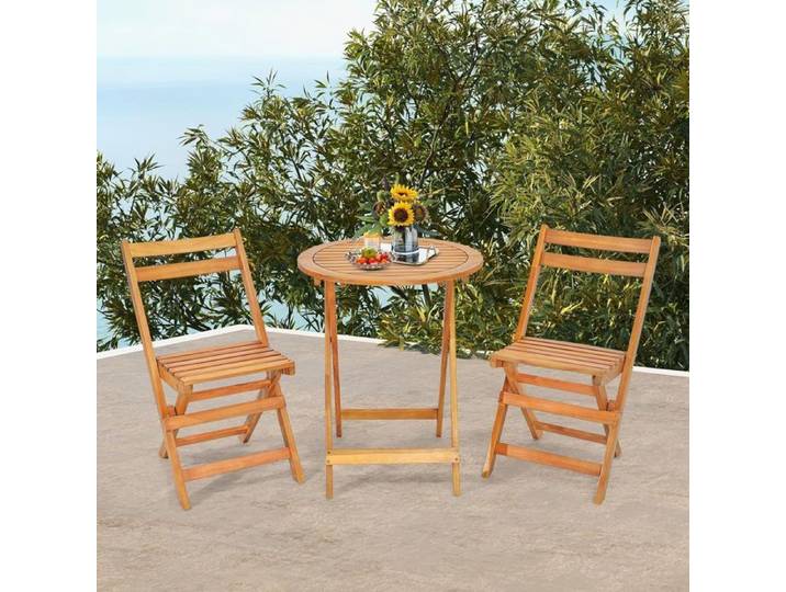 GIANTEX Ensemble Salon de Jardin Pliable- Table de Jardin avec 2 Chaises/Fauteuils en Bois- Naturel