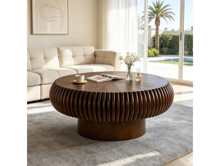 RYDZCLH Runder Couchtisch 80 cm Durchmesser, Runder Holztisch, Moderner, Einzigartiger Couchtisch Mit Rillenmuster, Beistelltisch Für Wohnzimmer, Kleine Räume, Wohnung,Walnut,80cm