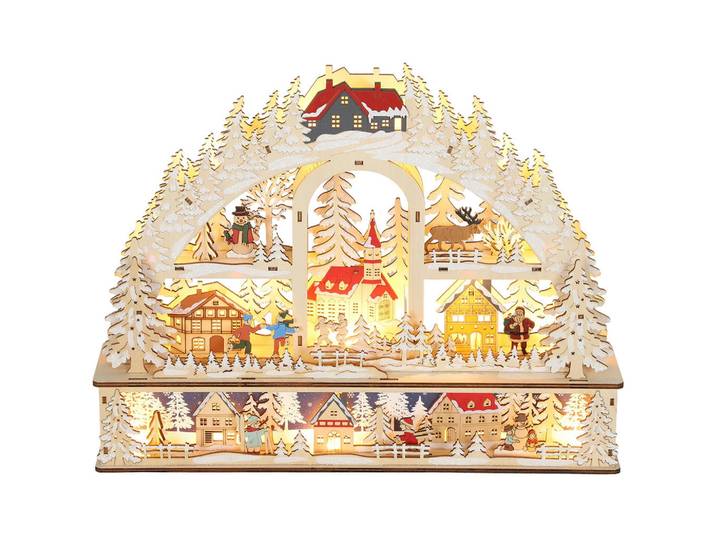 Homcom Weihnachtsdorf mit LED-Leuchtung, 45 cm Weihnachtsstadt mit Schneemann Renntier, Naturfarben, Holzwerkstoff, 10x35x45 cm, Dekoration, Weihnachtsdekoration