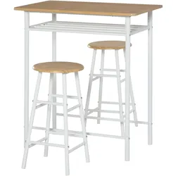 MODFU Bartisch Set 3 teilig 80x50x90 cm mit 2 Barhockern und Ablagefach Industrie Stil Weiß, MDF Platte und Metallgestell, platzsparend