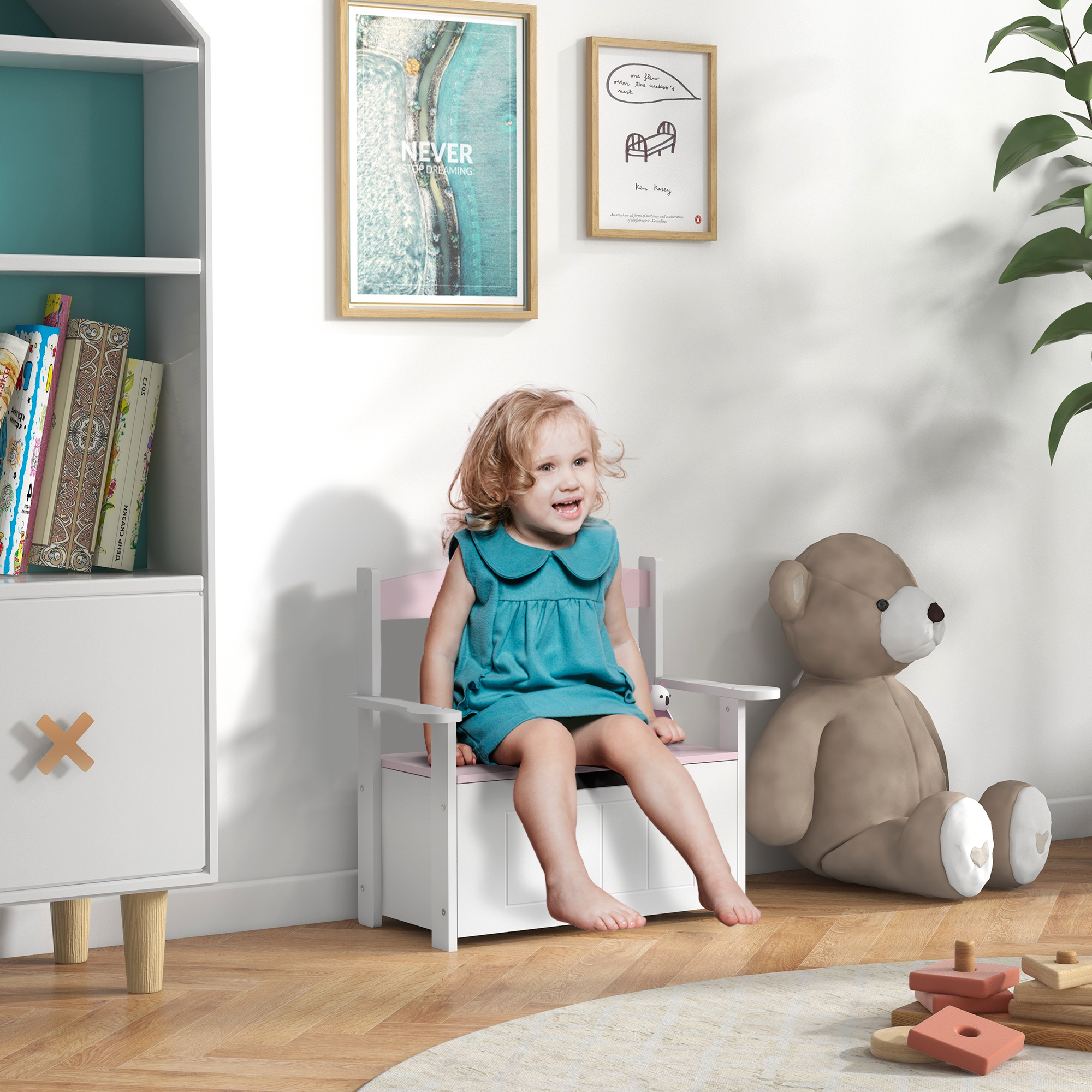Aiyaplay Panca contenitore per bambini con schienale e chiusura soft, 68,5x34x58 cm, Rosa/Bianco   Aosom Italy