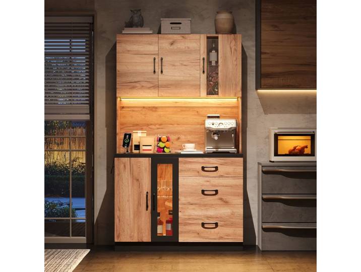Luscriate - Buffet de cuisine 105x 40x180cm LED prise étagères réglables tiroirs Design moderne - noir bois