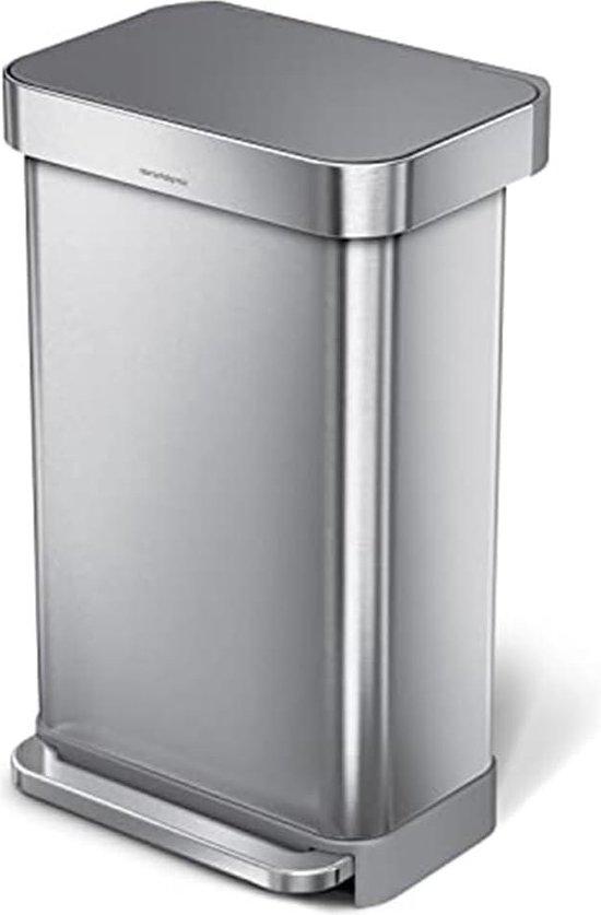 Famanu Abfalleimer 45 Liter - Rechteckig, Edelstahl, Graues Kunststoffdeckel