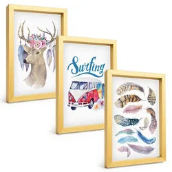 BILDER SET 3er Set - 20x30 cm Goldrahmen - Blumenwagen mit Geweih