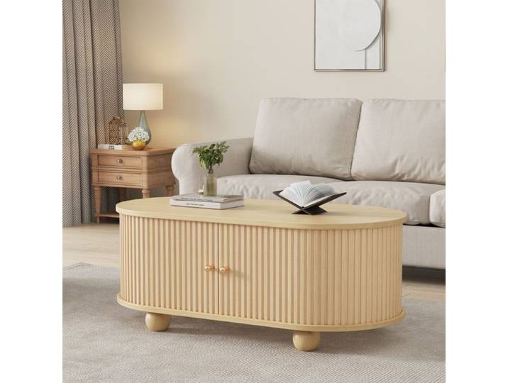 Table basse salon Compartiment Rangement Porte Coulissante 180° Protection Ovale Moderne et Minimaliste 100x50x40cm Bois