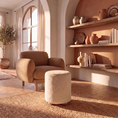 Storied Home Sherpa Upholstered Pouf with Pine Wood Feet