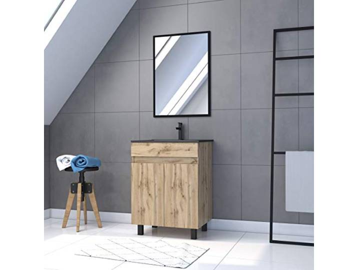 AURLANE Timber 60_Pack01 Schrank-Set SDB auf Füßen, 2 Türen, Chene_Waschtisch, Schwarz + Spiegel