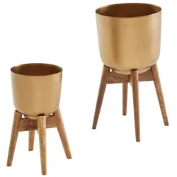 KADIMA DESIGN Blumentopf 2er Set Metall / Massivholz Pflanzkübel Gold mit Füßen, Design Pflanzenkübel Rund, Blumenkübel