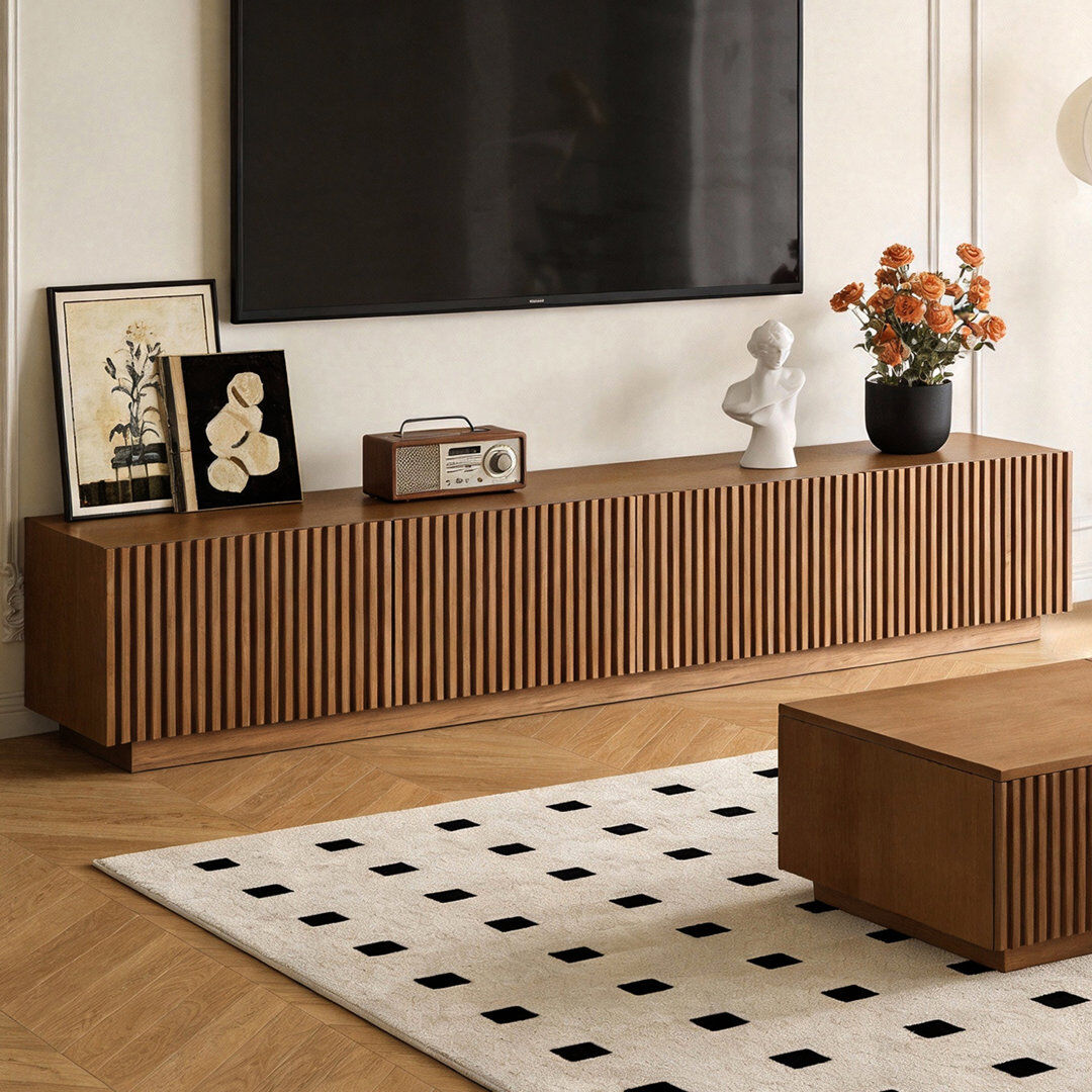 Union Rustic TV Media Unit with Cable Management, 220cm Wide in Walnut Finish, Multi-Shelf Storage Design Tan 85"