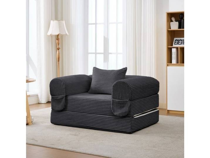 ROVRYN Chauffeuse convertible 1 place gris velours cotele avec accoudoirs et coussin fauteuil lit pliable
