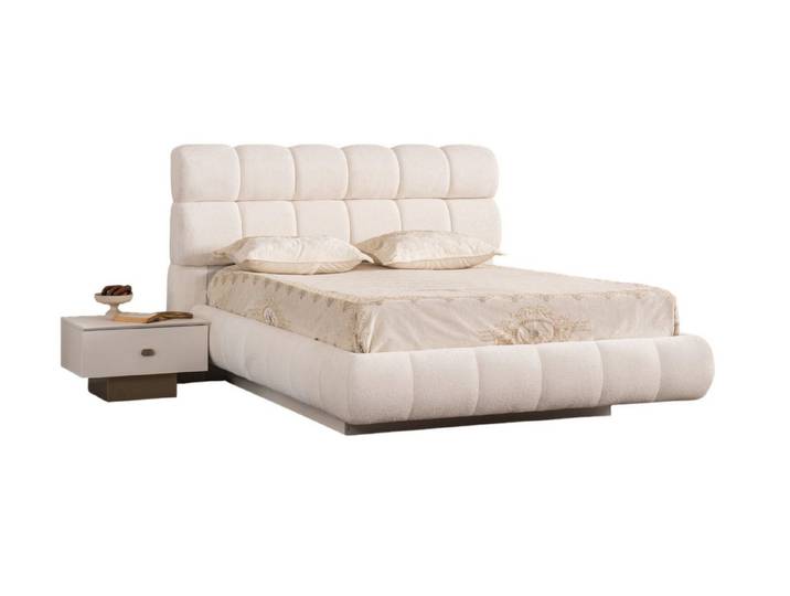 Villa Möbel Boxspringbett Eos (Bett mit Nachttischen, Bett mit Kopfteil und 2 Nachttischen), Bouclé Creme Beige Bettkasten hoher Kopfteil stabile Bauweise