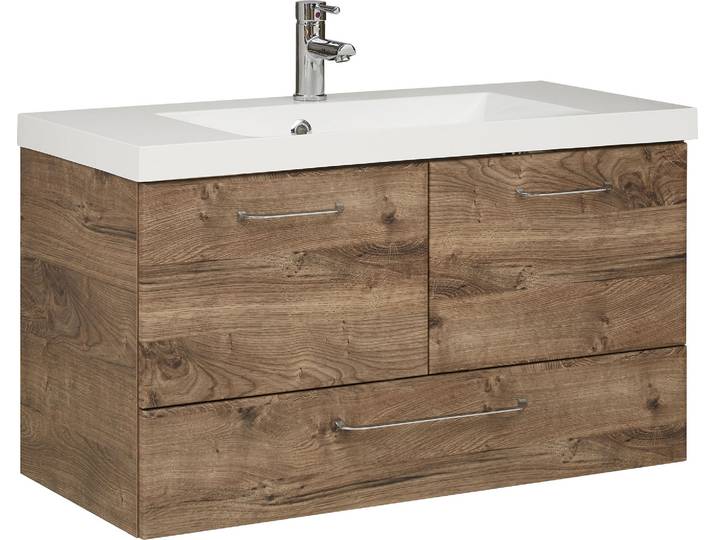 Waschtisch SAPHIR Quickset Mineralmarmor-Waschtisch mit Unterschrank, 99 cm breit , braun (eiche ribbeck, eiche ribbeck, eiche ribbeck), B:99cm T:45cm, Holzwerkstoff, Mineralguss, Waschtische, Waschtisch, Wachplatz, Griffe Chrom Glanz, inkl. Türdämpfer, 2 Türen, 1 Schublade