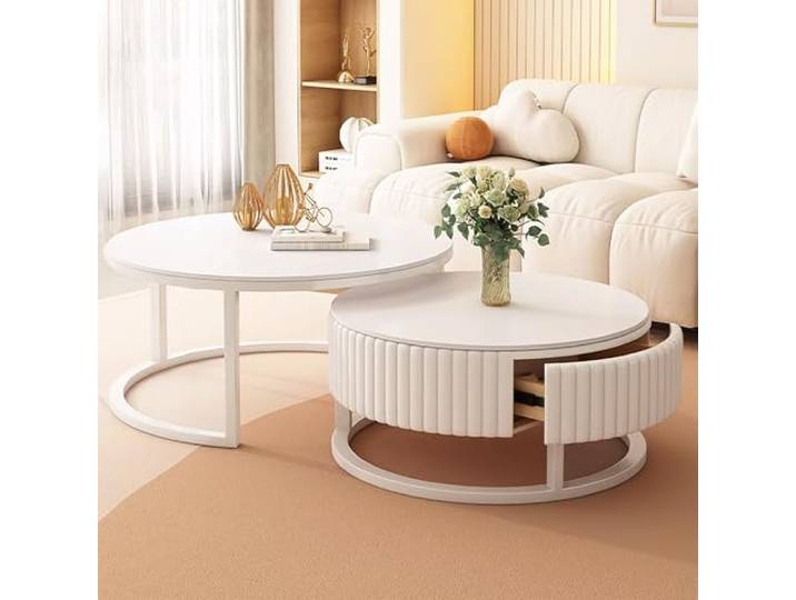 GonTzolkin Runder Couchtisch Weiß 2er Set Marmor Couchtisch Mit Stauraum Schublade Modern Wohnzimmertisch Rund Couchtische Weiss Mit Metallrahmen Tisch Wohnzimmer Couch Tisch Einfacher Aufbau