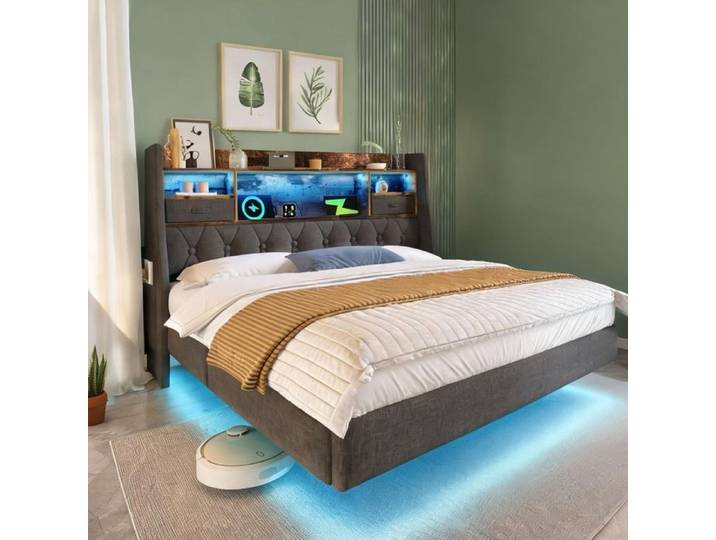 Lit double 140x200 cm suspendu en lin gris doux avec éclairage LED tête de lit connectée et rangements