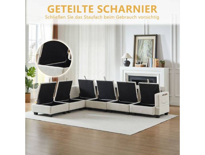 BEL Canapé d'Angle en U Chenille 6 Places Méridienne Pouf Rangement Intégré Modulable Salon