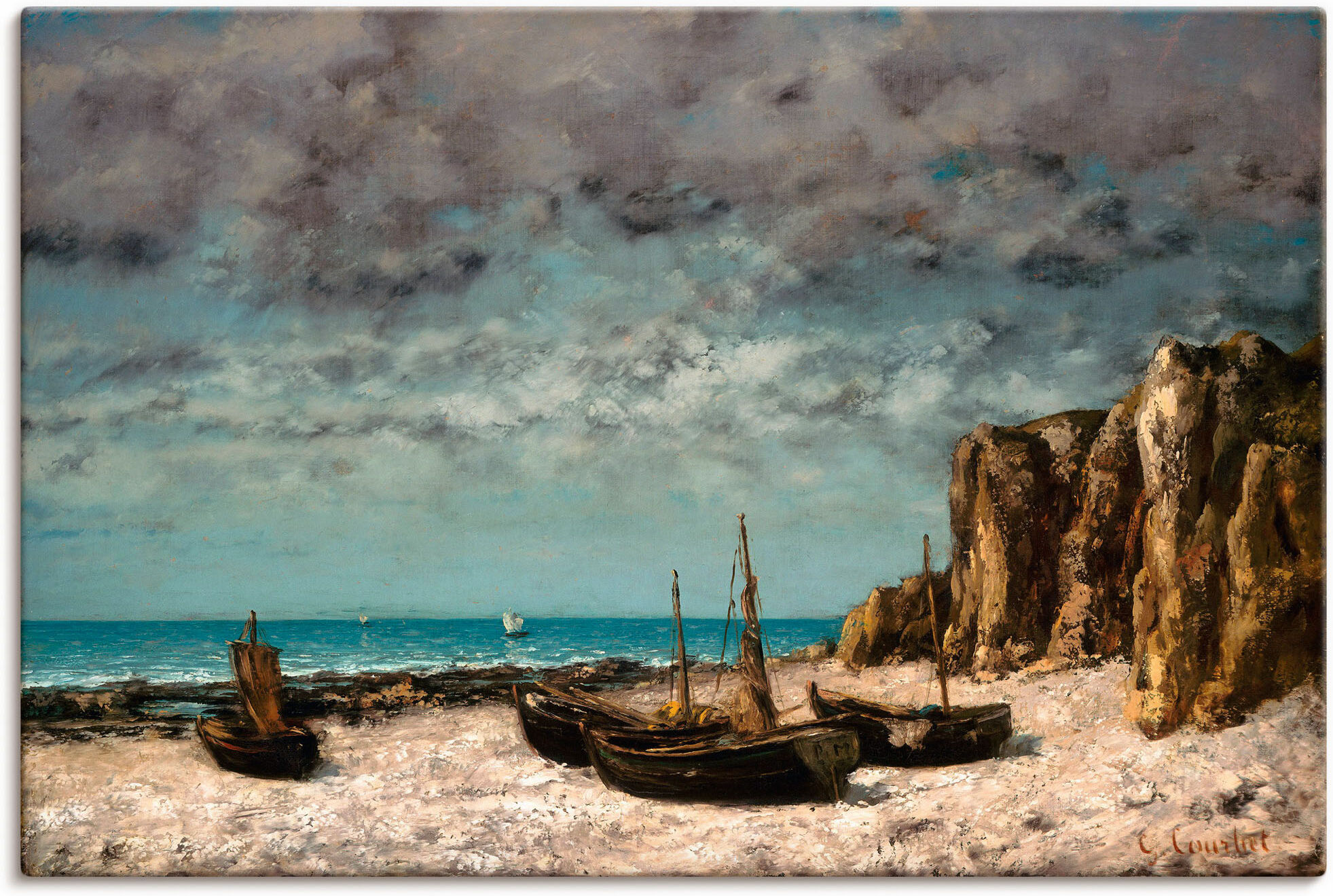 Leinwandbild ARTLAND "Boote am Strand von Etretat. Um 1872/75", braun (farbe bild(er): braun), B:90cm H:60cm, Bilder, Leinwandbild, auf Holzrahmen gespannt farbe bild(er): braun B/H/T: 90cm x 60cm, Leinwandbild Querformat, 1 Stk.