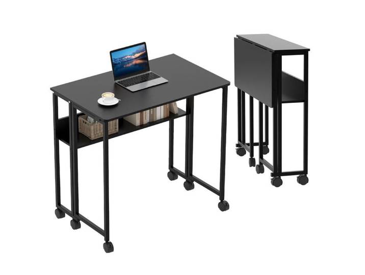 Bureau Pliable avec Étagère de Rangement et Roulettes – Gain de Place Table d'Ordinateur Compacte Portable –Montage Facile-Noir