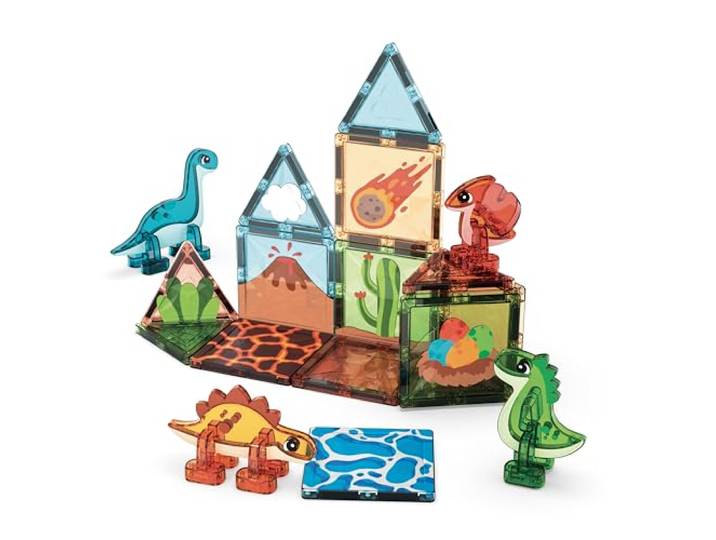 Geomag Magnetic Tiles Dino World - Themen-Set, magnetische Dinosaurier, durchscheinende Paneele, 3D-Spiele