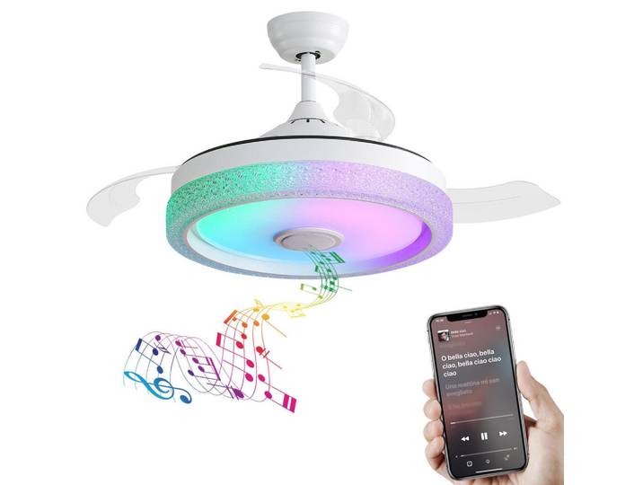 Bexevue Deckenventilator 42 mit RGB LED Dimmbar & Bluetooth Lautsprecher, Weiß, Kunststoff, LED integrated, 107x47x107 cm, Lampen & Leuchten, Innenbeleuchtung, Deckenleuchten, Deckenleuchten