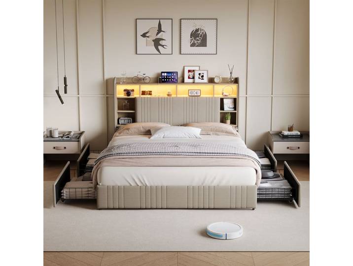 DADEA-Lit Double Coffre 140x200 cm avec Led Lit Rembourré Capitonné avec USB et USB-C Lit 2 Personnes avec 4 tiroirs lin Beige
