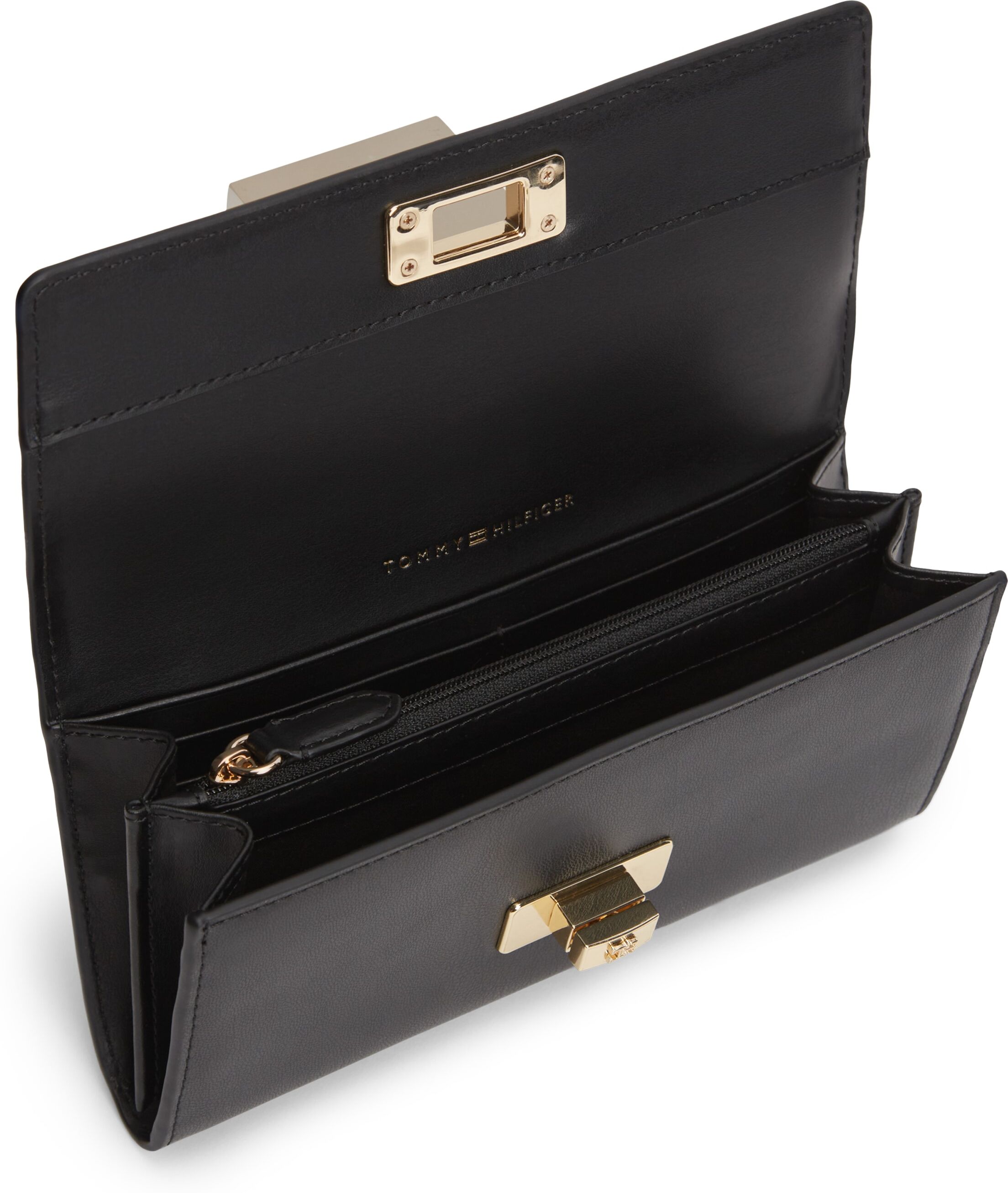 Geldbörse TOMMY HILFIGER "TH MODERN LARGE FLAP WALLET", Damen, schwarz, Lederimitat, Kleinlederwaren Geldbörse, Damen Portemonnaie, Geldbeute mit goldfarbenen Accessoires schwarz Einheitsgröße