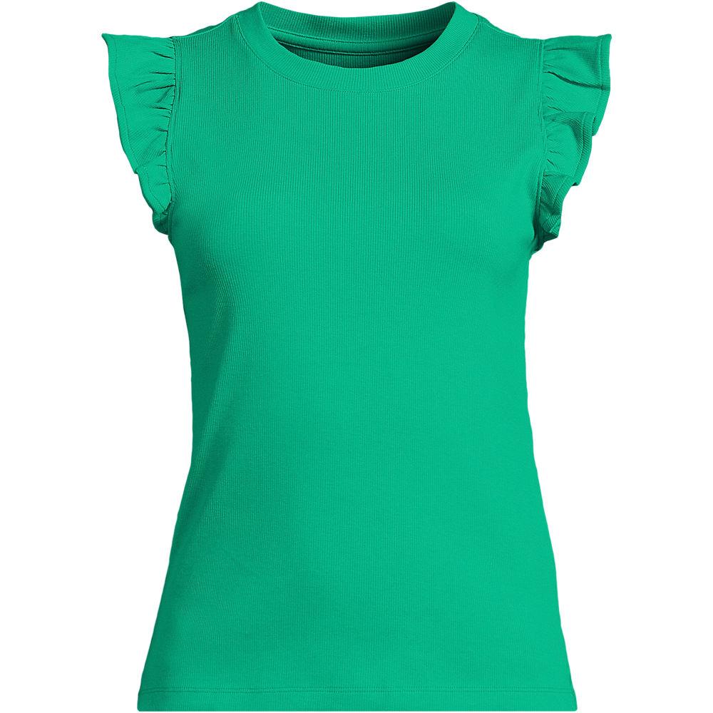 Baumwollripp-Top mit Volants für Damen, Damen, size: regular, Grün, Baumwolle/Elasthan, by Lands' End