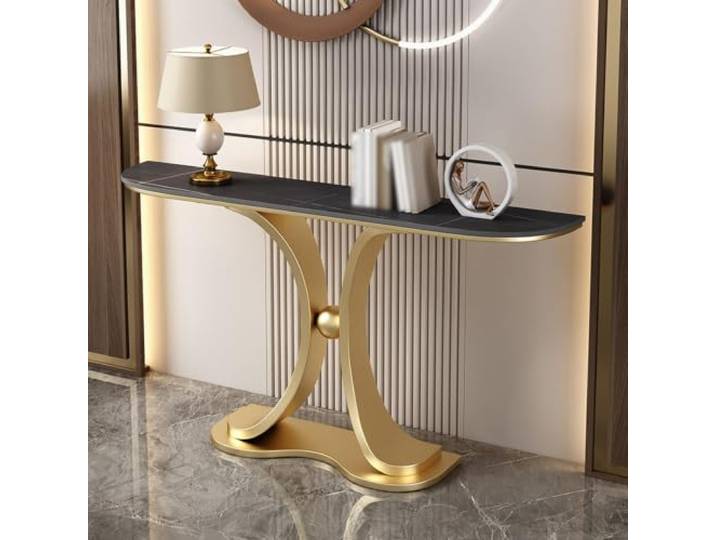 Zeitgenössischer luxuriöser Halbmond-Konsolentisch, schmaler Sofatisch Sinterstein-Tischplatte und Doppelbogen-Gestell, platzsparendes Design direkt an der Wand(Gold G,120cm/47.2in)