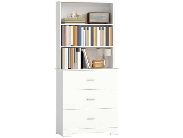Bibliothèque blanche 6 niveaux avec 3 tiroirs et 3 étagères ouvertes dispositif anti-basculement pour salon bureau et chambre