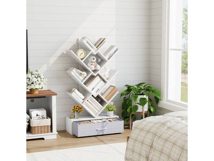 Koioplie Bibliothèque Arbre 7 niveaux avec LED et tiroir en tissu étagère étroite pour petits espaces bureau ou salon Blanc
