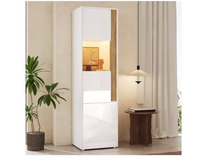 Vitrine haute 50x40x179 cm avec LED réglable 2 portes dont 1 acrylique salon blanc + naturel