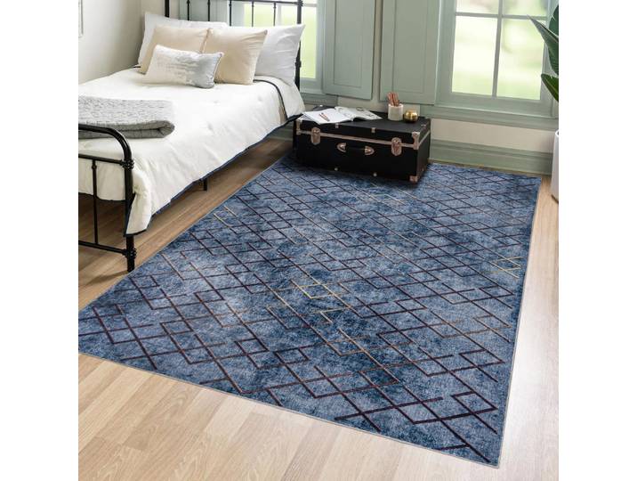 Tapis de Sol Mazovia - modèle TOSCANA Géométrique - Qualité Oeko-Tex - Bleu et Brun - 120x170 cm