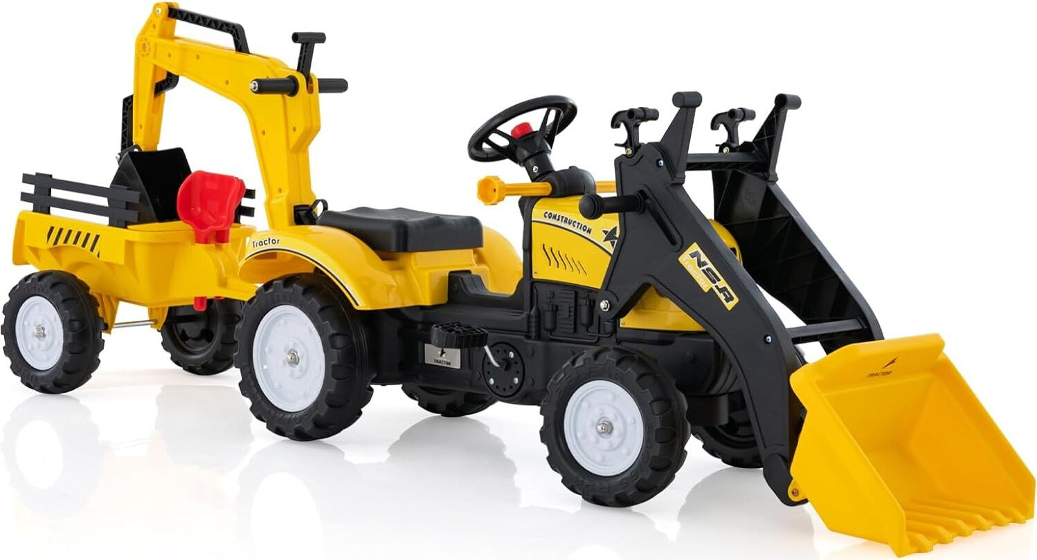 Costway Trekker kinder trekker met afneembare aanhanger, graafschop en minigraafmachine, geel