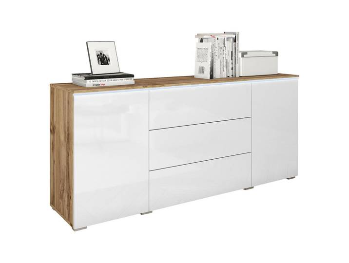Sideboard, Braun & Weiß, 150x67.9x39.5 cm, Holzwerkstoff, Beleuchtung & 3 Schubladen, Klassisch