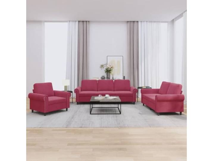 HKPWRBFG 3-tlg. Sofagarnitur, Wohnzimmer Sitzgruppe, Samt Weinrot Inklusive 6 Kissen, Bequeme Polsterung, Robustes Gestell