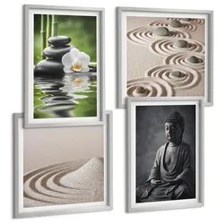 BILDER SET 4er Set - 50x50 cm & 40x60 cm Silberner Rahmen - Ein entspannter Buddha am Strand
