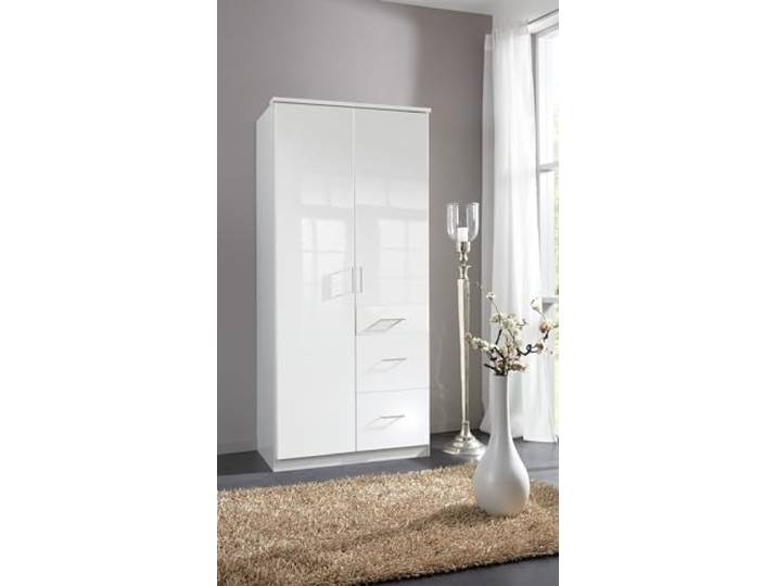möbelando Drehtürenschrank >Clack< in Hochglanz Lack Weiss - 91x199x58cm (BxHxT)