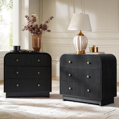 HULALA HOME Claude Modern Easy Assembly 3-drawers Fluted Curved End Table with Charging Station and USB Ports Set of 2