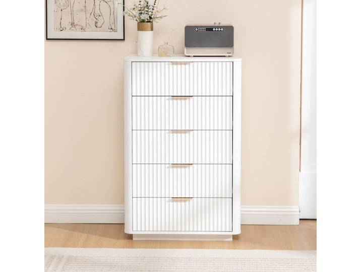 VUENOR Commode 5 tiroirs blanche en MDF avec poignées en métal et fermeture douce