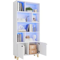 MODFU Bücherregal 80x30x173 cm mit LED-Beleuchtung Doppeltüren 7 Fächer Massivholzbeine MDF Weiß modernes Stauraumregal für Wohnbereich
