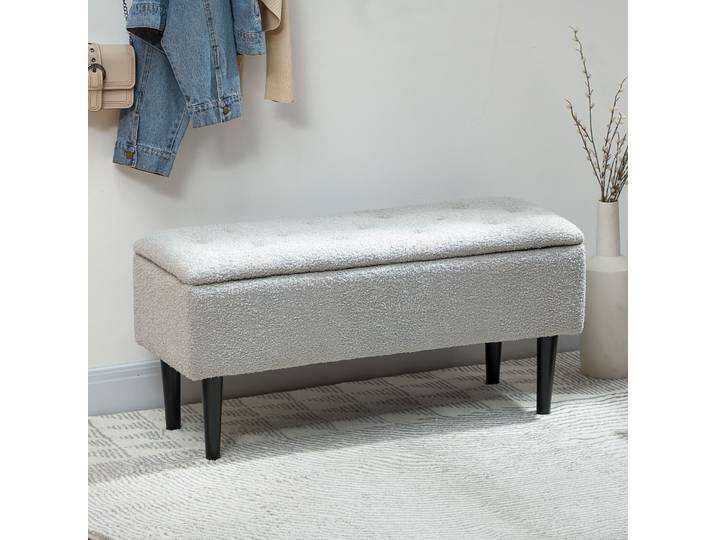 HOMCOM Banc Rangement Bouclette Pieds Bois 95x38x45cm Gris
