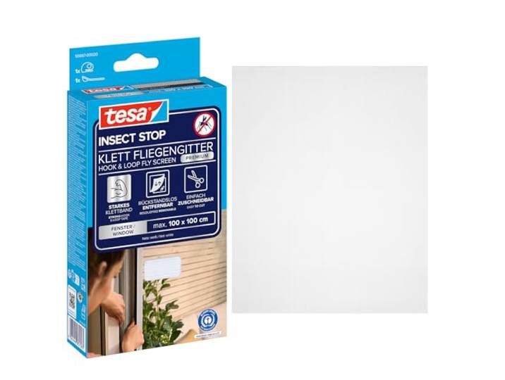 tesa INSECT STOP Klett Fliegengitter Premium für Fenster, Insektenschutz mit starkem Klettband, rückstandsfrei entfernbar, zuschneidbar, ohne Bohren - 100 cm x 100 cm - Weiß (leichter Sichtschutz)