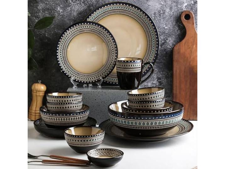 NNYCC Dinner Sets Dinner Sets für 6 Personen Vintage Teller und Schüssel Set Chic Geprägtes Strukturiertes Porzellan Dick Kratzfest Strapazierfähig Hinzufügen Touch Exotik Der Tisch,6 person suit