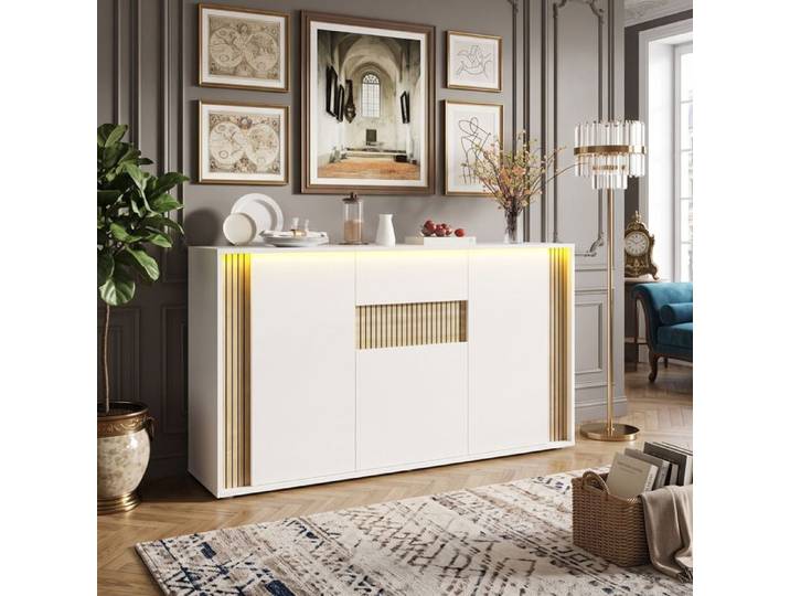 Buffet Enfilade 140x40x82cm Grand Rangement LED Style Moderne Tasseaux Bois 3 Portes 1 Tiroir Salon Séjour